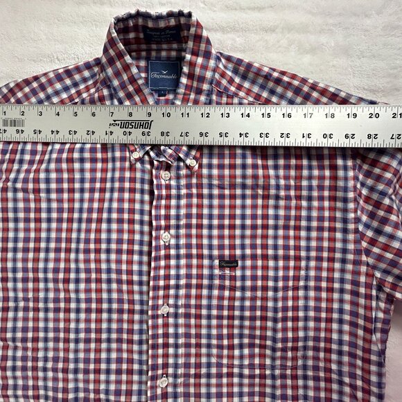 Faconnable Mens Red Blue Checkered Short-Sleeve Button-Down Shirt Large Cotton - Picture 5 of 7